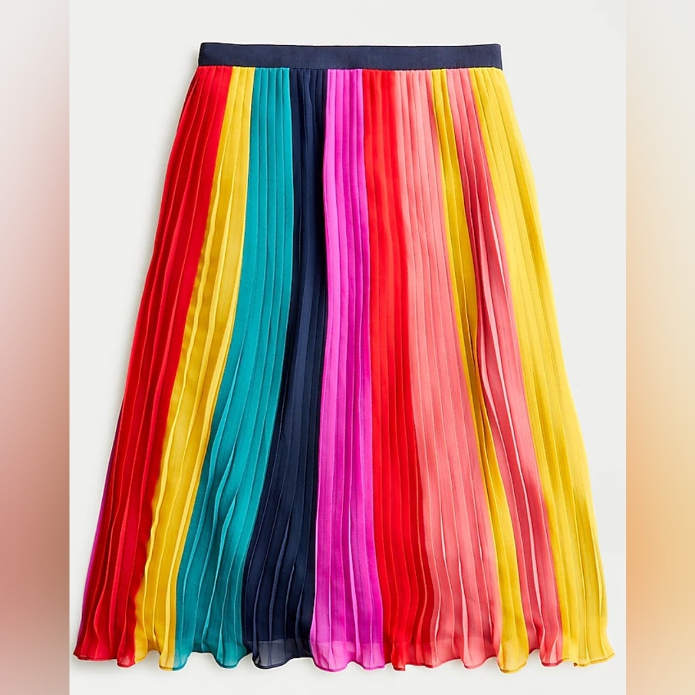 J. Crew Sunburst Pleated Midi Skirt, Rainbow Colorblock, NWT, 4